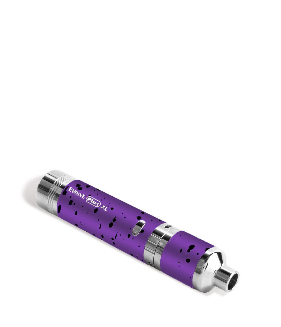 Purple Black Spatter laying down Wulf Mods Evolve Plus XL Concentrate Vaporizer on white background