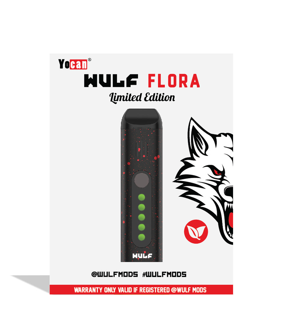 Black Red Spatter packaging Wulf Mods Flora Portable Dry Herb Vaporizer on white background