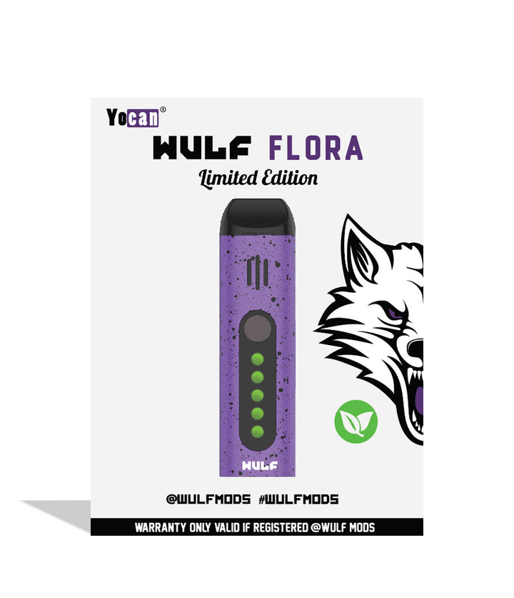 Purple Black Spatter packaging Wulf Mods Flora Portable Dry Herb Vaporizer on white background