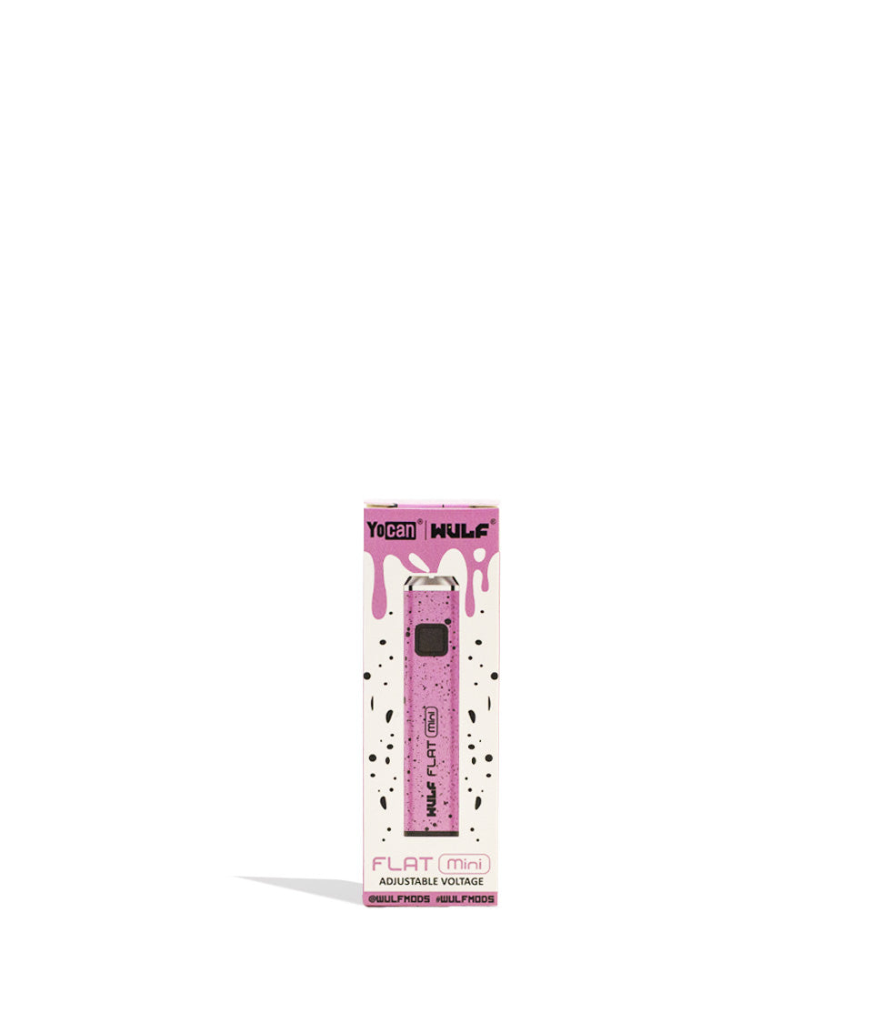 Pink Black Spatter packaging Wulf Mods Flat Mini Cartridge Battery on white background