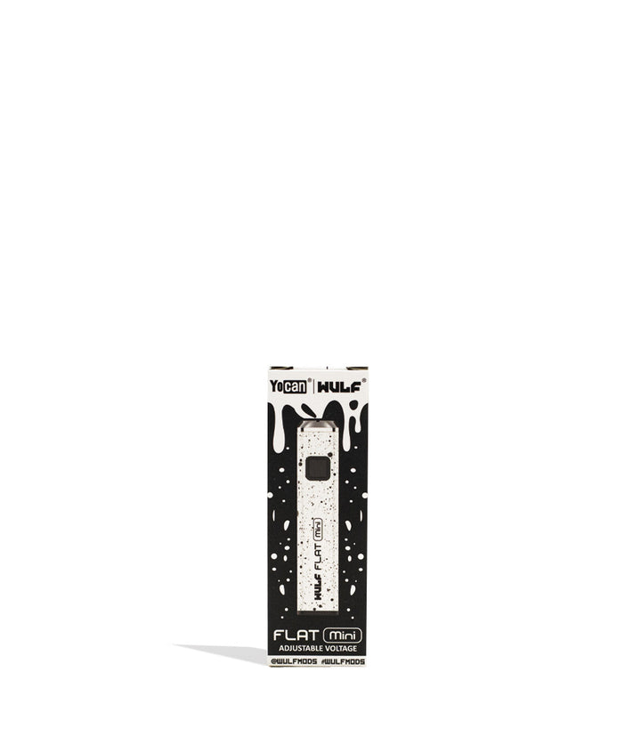 White Black Spatter packaging Wulf Mods Flat Mini Cartridge Battery on white background