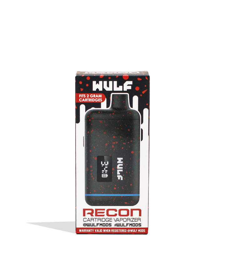 Black Red Spatter Wulf Mods Recon Cartridge Vaporizer Packaging Front View on White Background