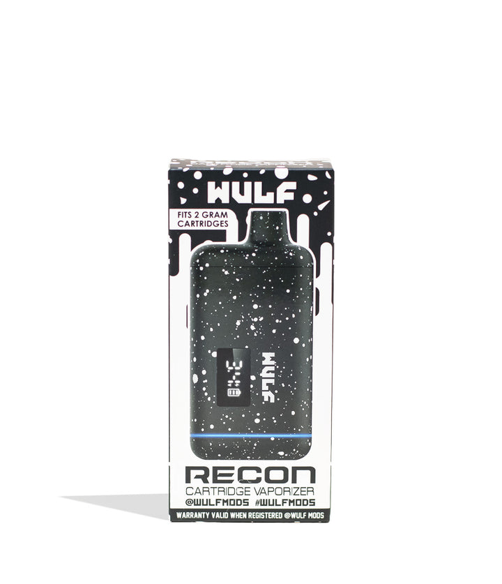 Black White Spatter Wulf Mods Recon Cartridge Vaporizer Packaging Front View on White Background