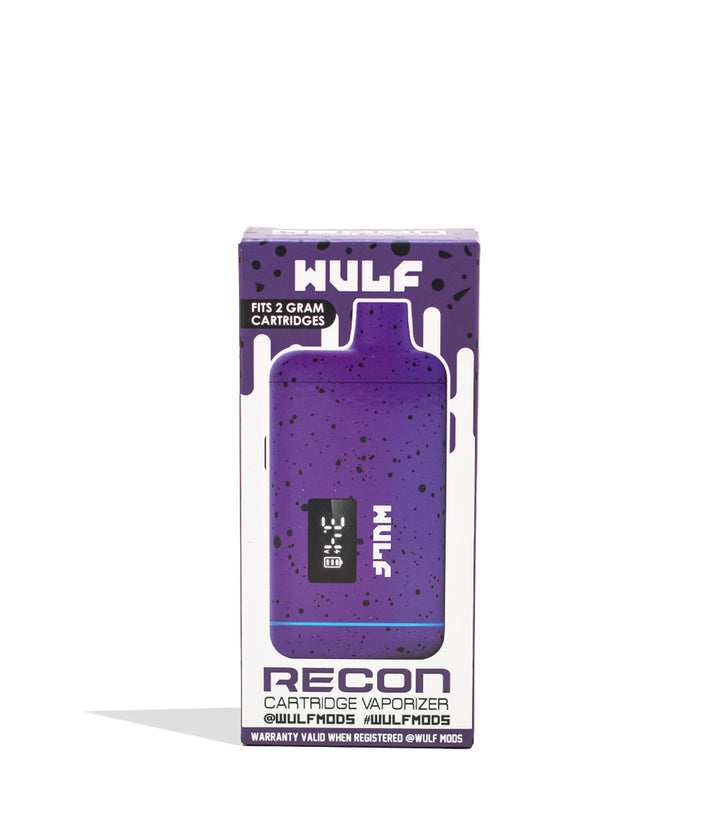 Purple Black Spatter Wulf Mods Recon Cartridge Vaporizer Packaging Front View on White Background
