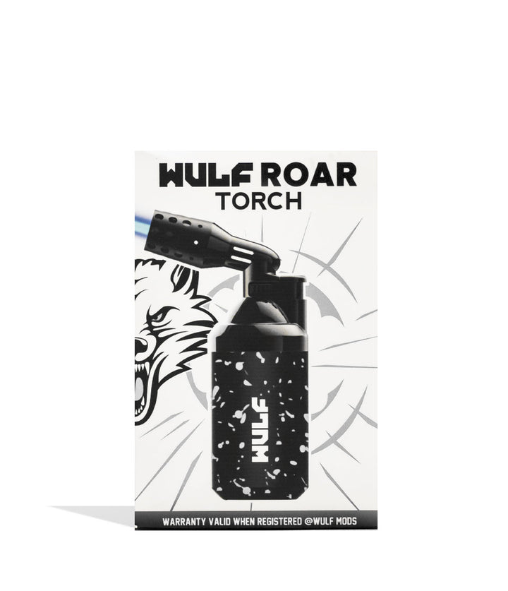 Black White Spatter Wulf Mods Roar Butane Torch Packaging Front View on White Background