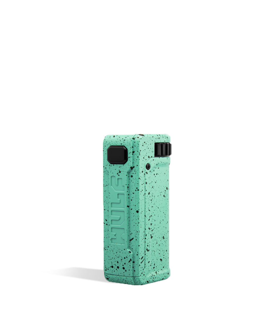 Teal Black Spatter Wulf Mods UNI S Adjustable Cartridge Vaporizer Side View on White Background