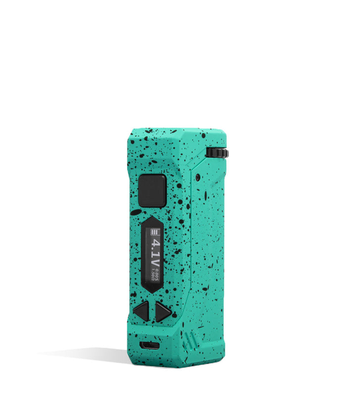 Teal Black Spatter Wulf Mods UNI Pro Adjustable Cartridge Vaporizer Front 2 View on White Background